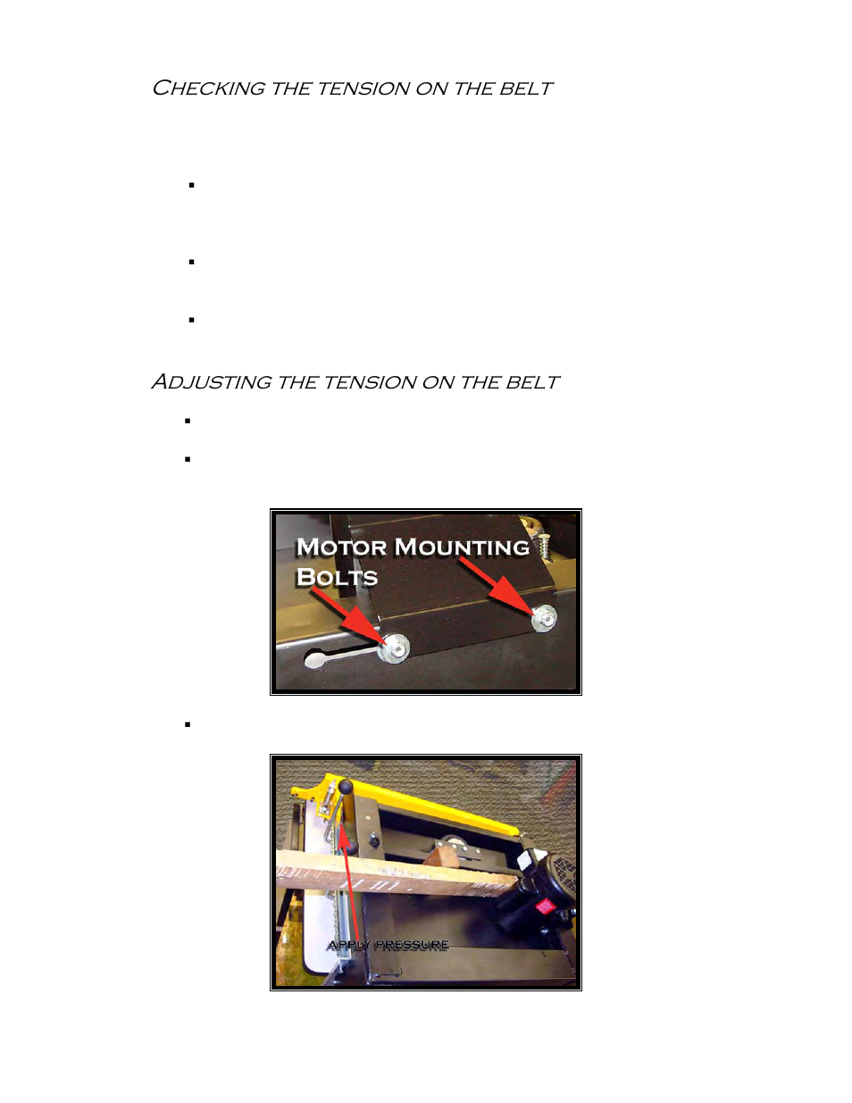 Checking the tension on the belt, Adjusting the tension on the belt | Castle LB-23 Operator Manual User Manual | Page 12 / 26