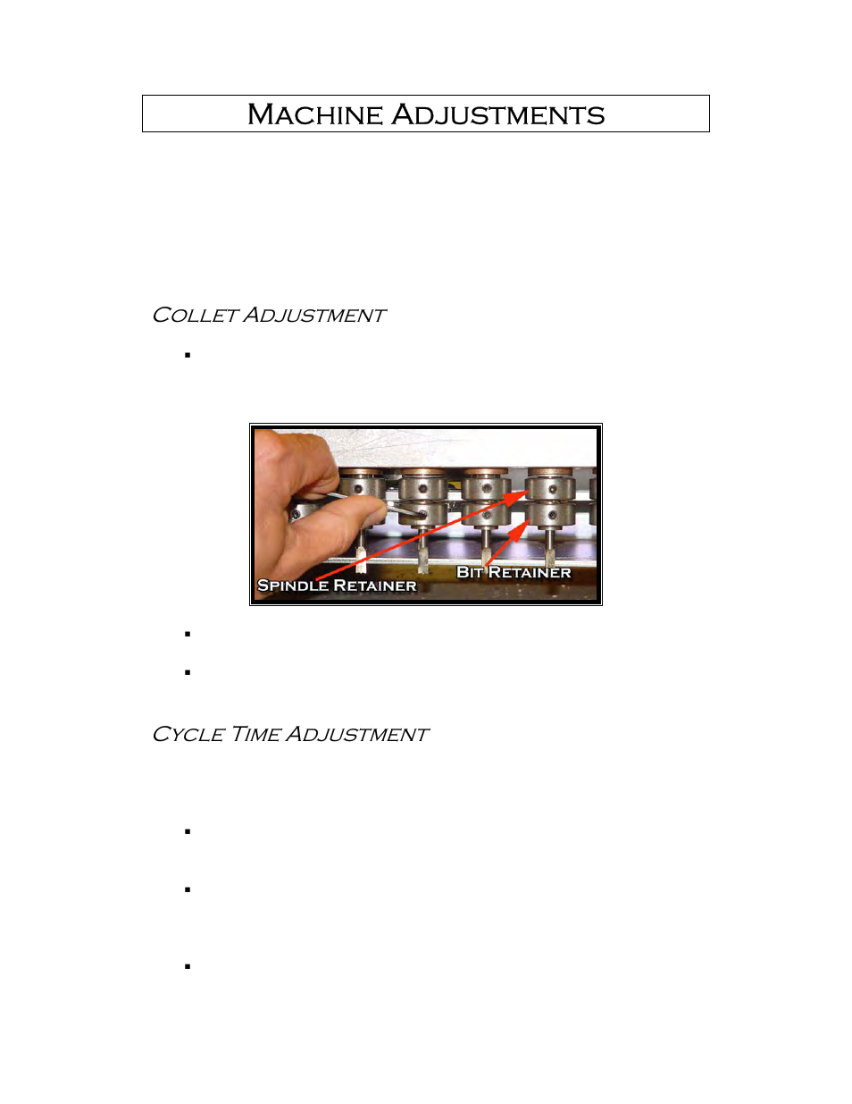 Machine adjustments, Collet adjustment, Cycle time adjustment | Castle LB-23 Operator Manual User Manual | Page 8 / 26