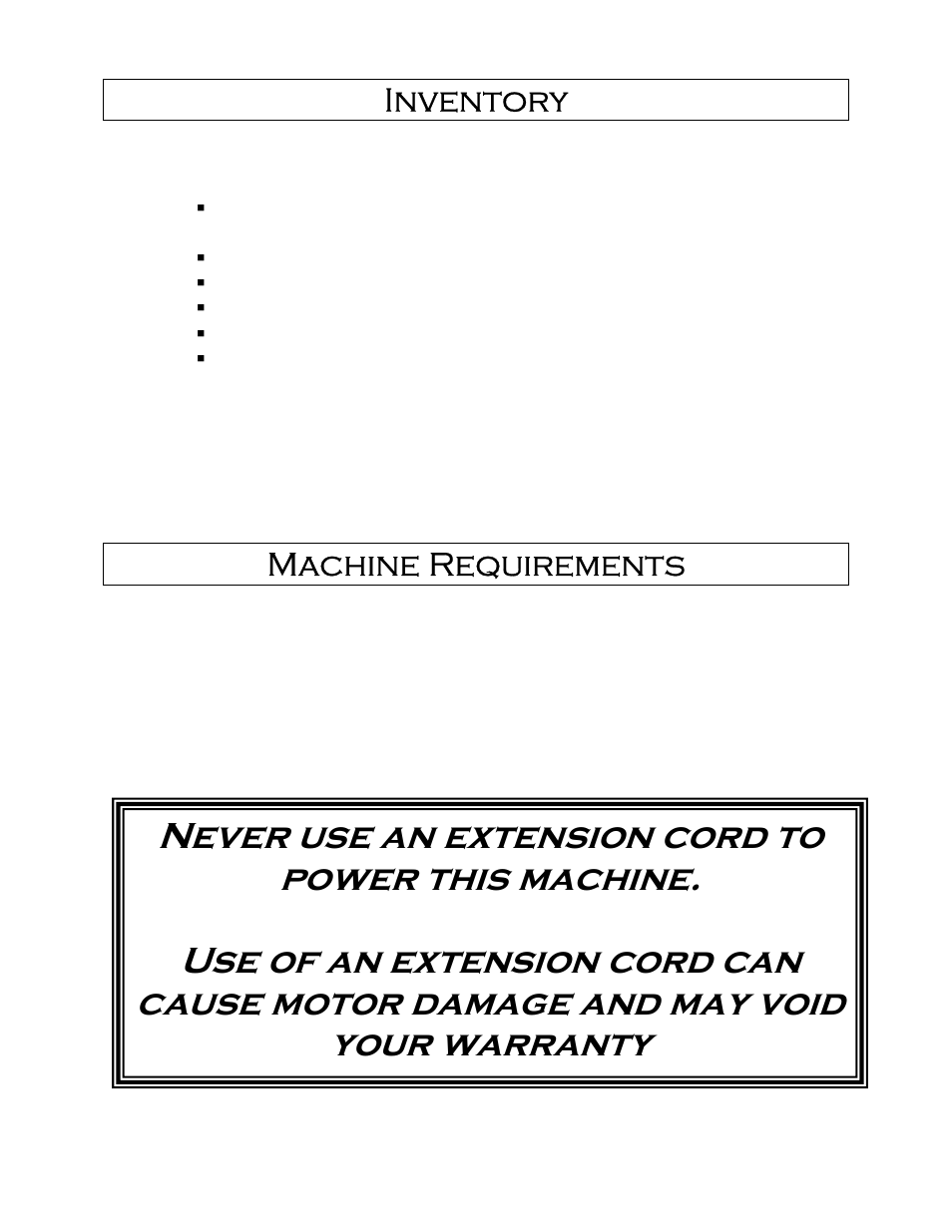 Inventory, Machine requirements | Castle 30 Express User Manual | Page 4 / 20