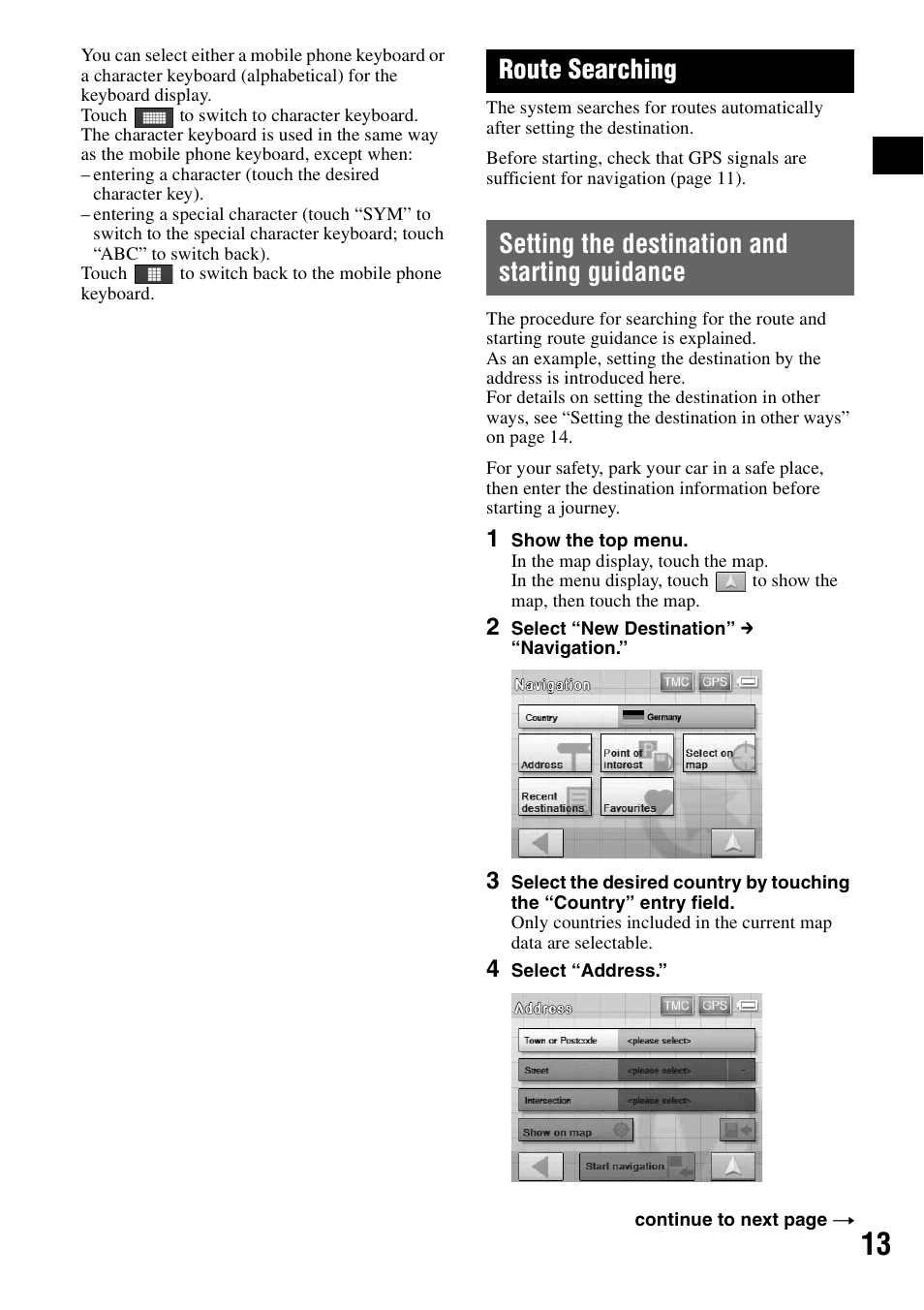 Route searching, Setting the destination and starting guidance, Setting the destination and | Starting guidance | Sony NV-U70T User Manual | Page 13 / 216