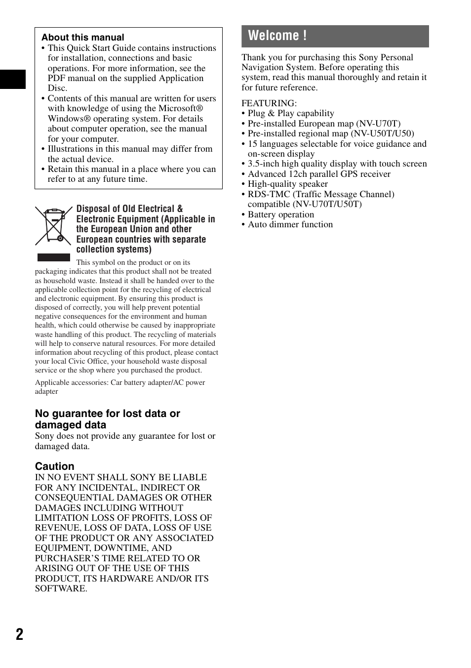 Welcome | Sony NV-U70T User Manual | Page 2 / 216