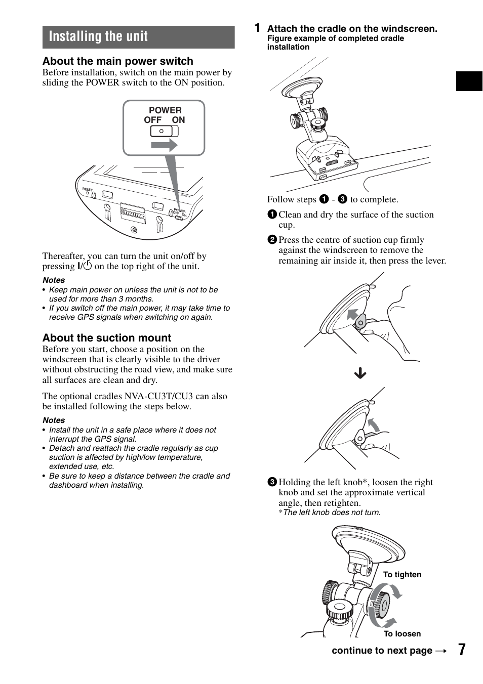 Installing the unit, About the main power switch, About the suction mount | Sony NV-U70T User Manual | Page 7 / 216