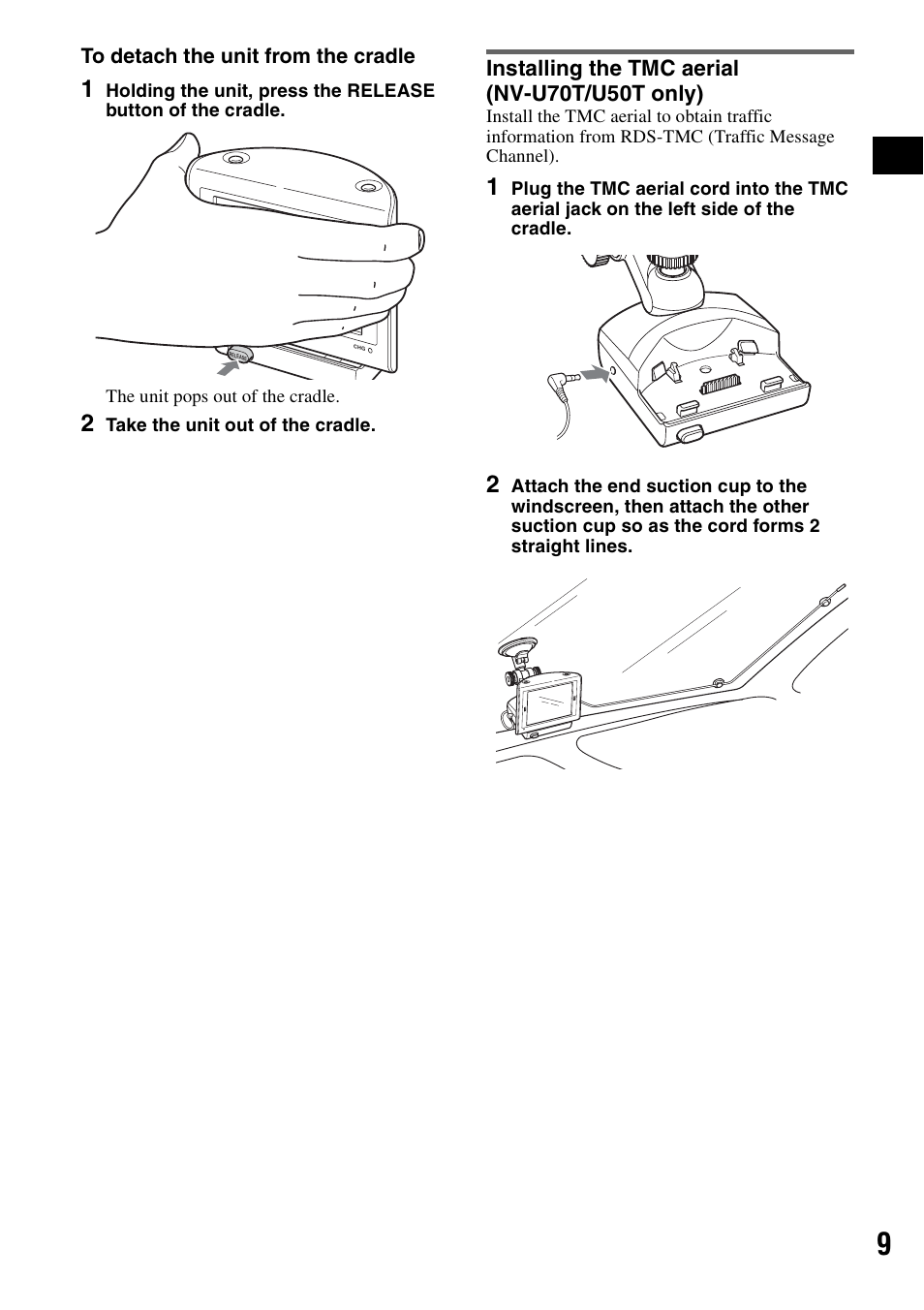 Installing the tmc aerial (nv-u70t/u50t only), Installing the tmc aerial, Nv-u70t/u50t only) | Sony NV-U70T User Manual | Page 9 / 216