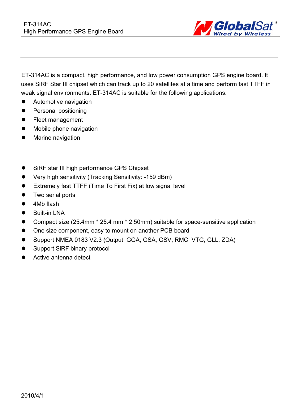 Product description, Product features | GLOBALSAT ET-314 GPS Engine Board User Manual | Page 2 / 22