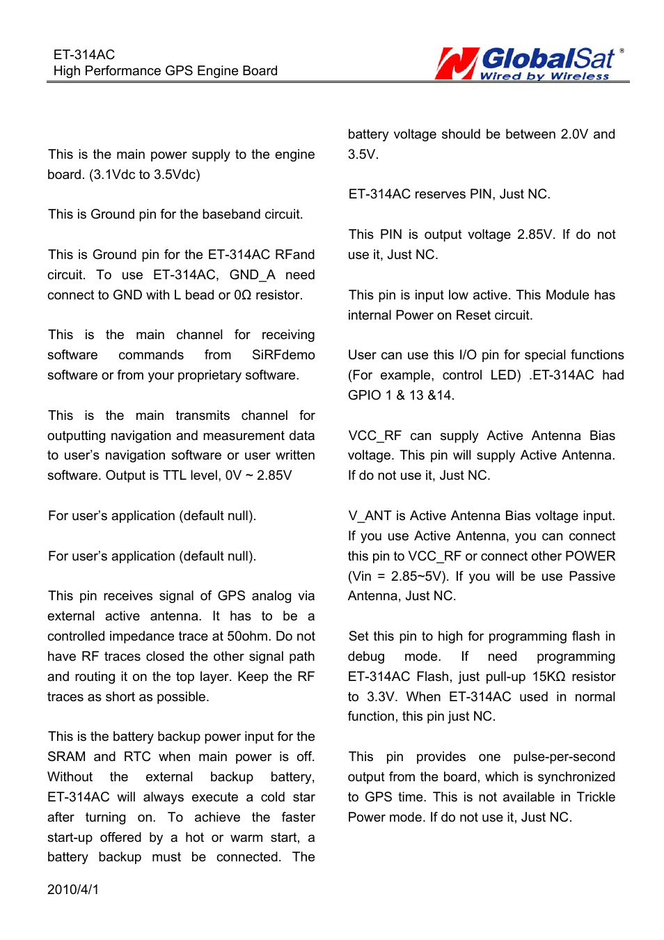 Operating description | GLOBALSAT ET-314 GPS Engine Board User Manual | Page 8 / 22