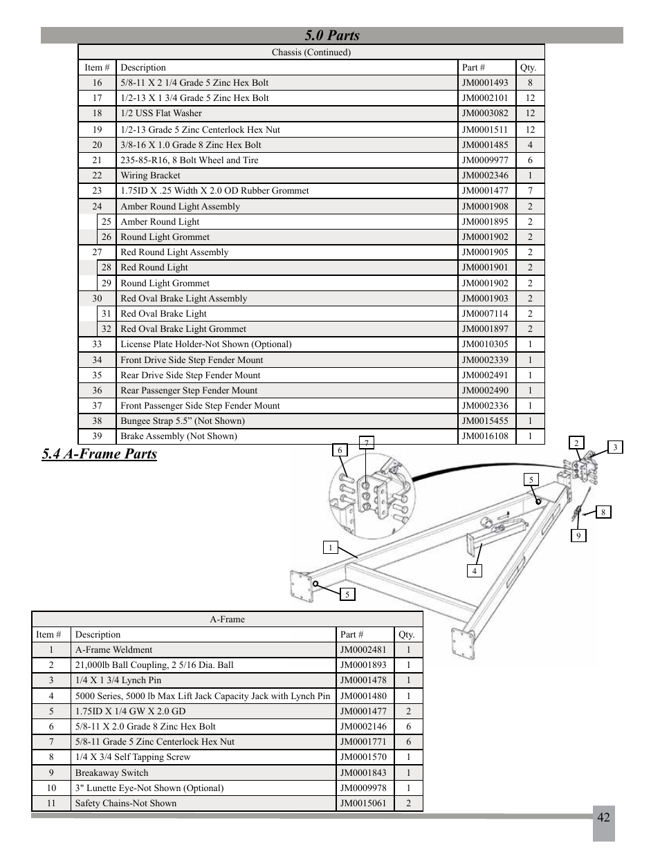 0 parts, 4 a-frame parts | J&M 275ST User Manual | Page 45 / 62