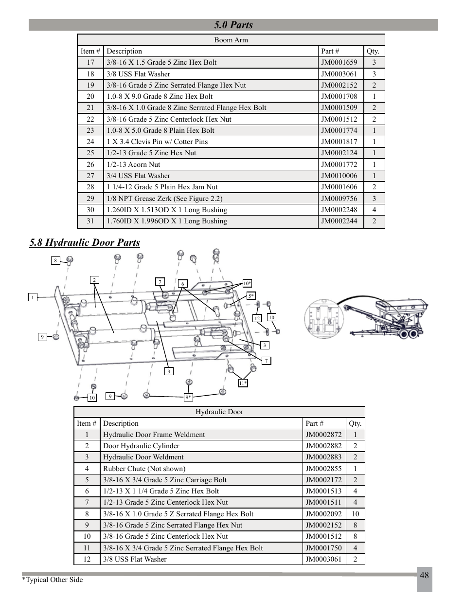 0 parts, 8 hydraulic door parts | J&M 275ST User Manual | Page 51 / 62