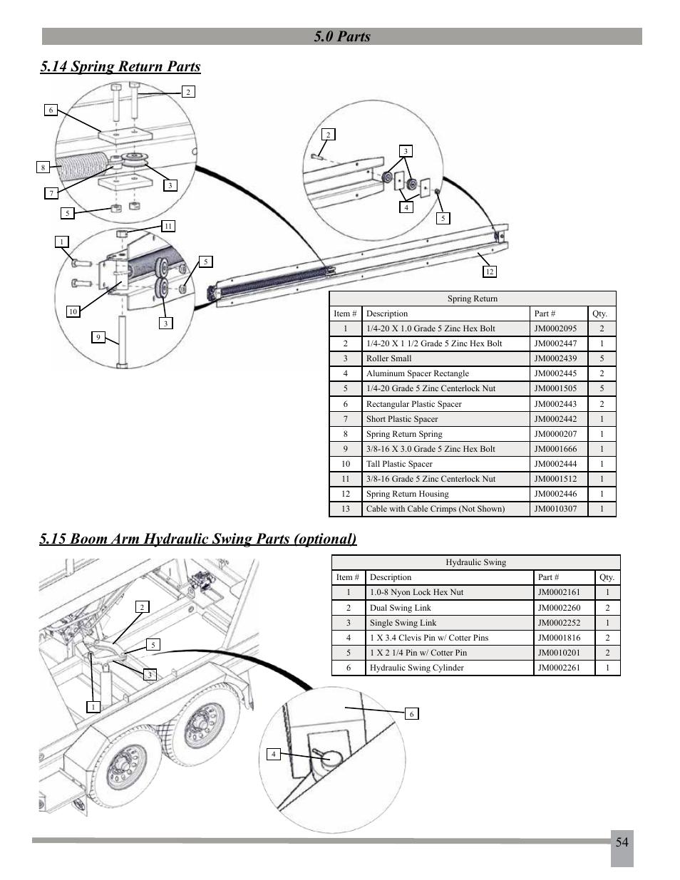 0 parts, 0 parts 5.14 spring return parts, 15 boom arm hydraulic swing parts (optional) | J&M 275ST User Manual | Page 57 / 62