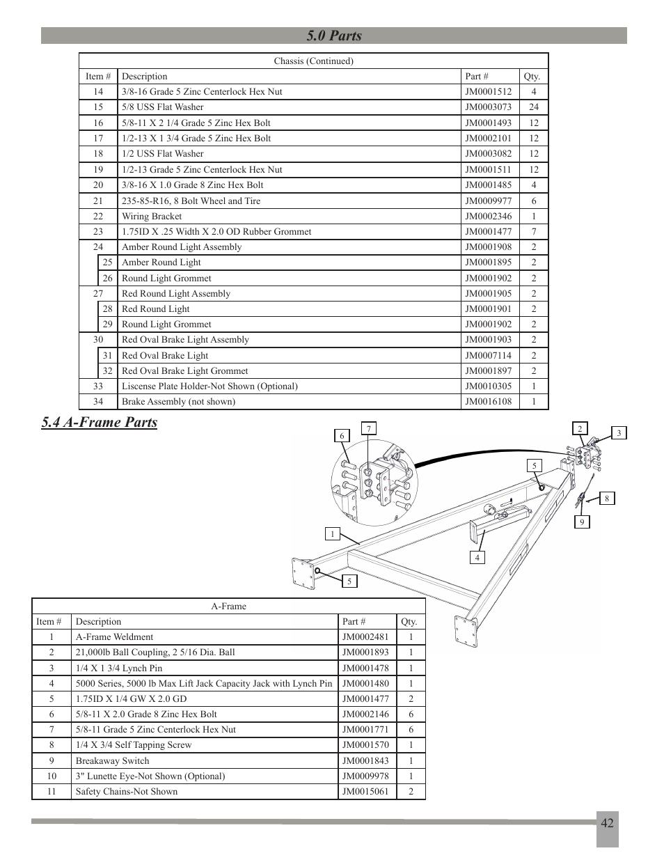 0 parts, 4 a-frame parts | J&M 375ST User Manual | Page 45 / 62