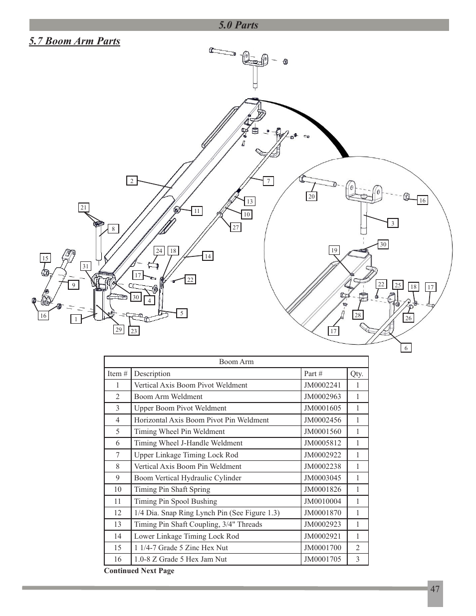 0 parts, 7 boom arm parts 5.0 parts | J&M 375ST User Manual | Page 50 / 62