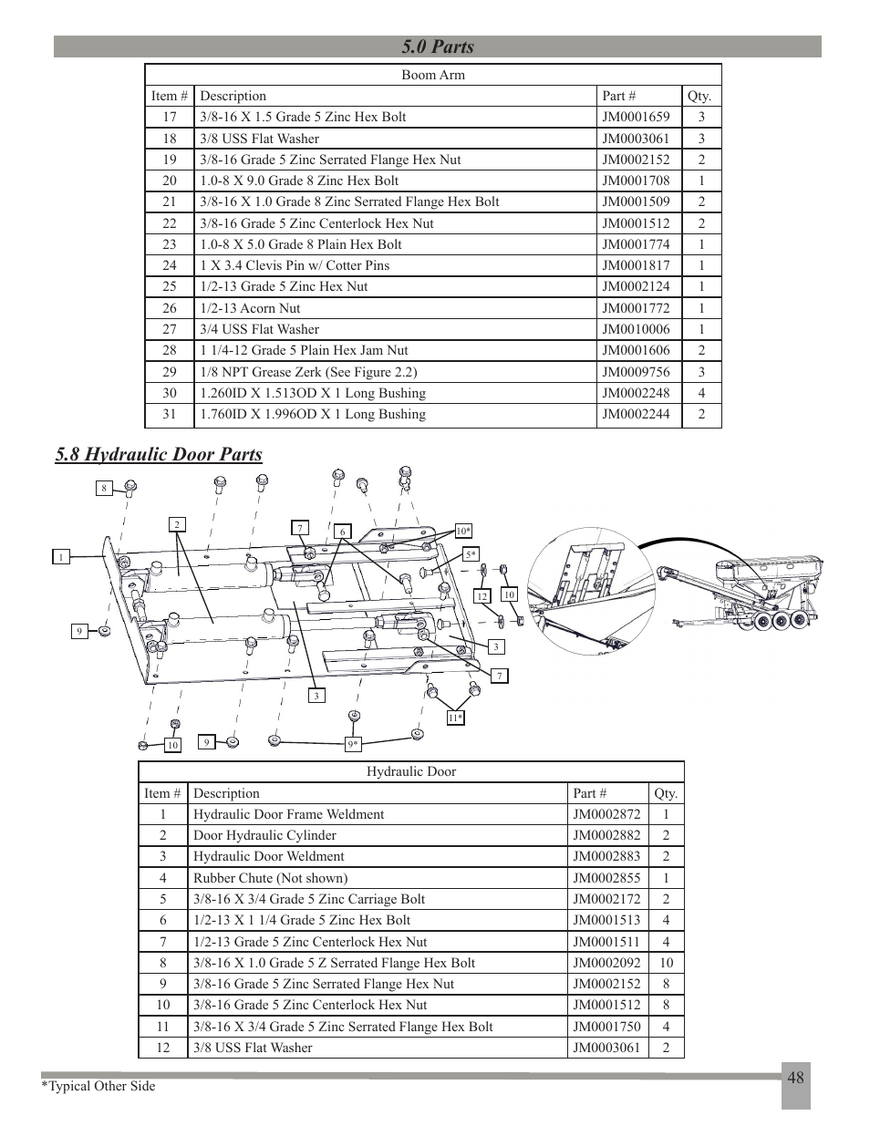 0 parts, 8 hydraulic door parts | J&M 375ST User Manual | Page 51 / 62