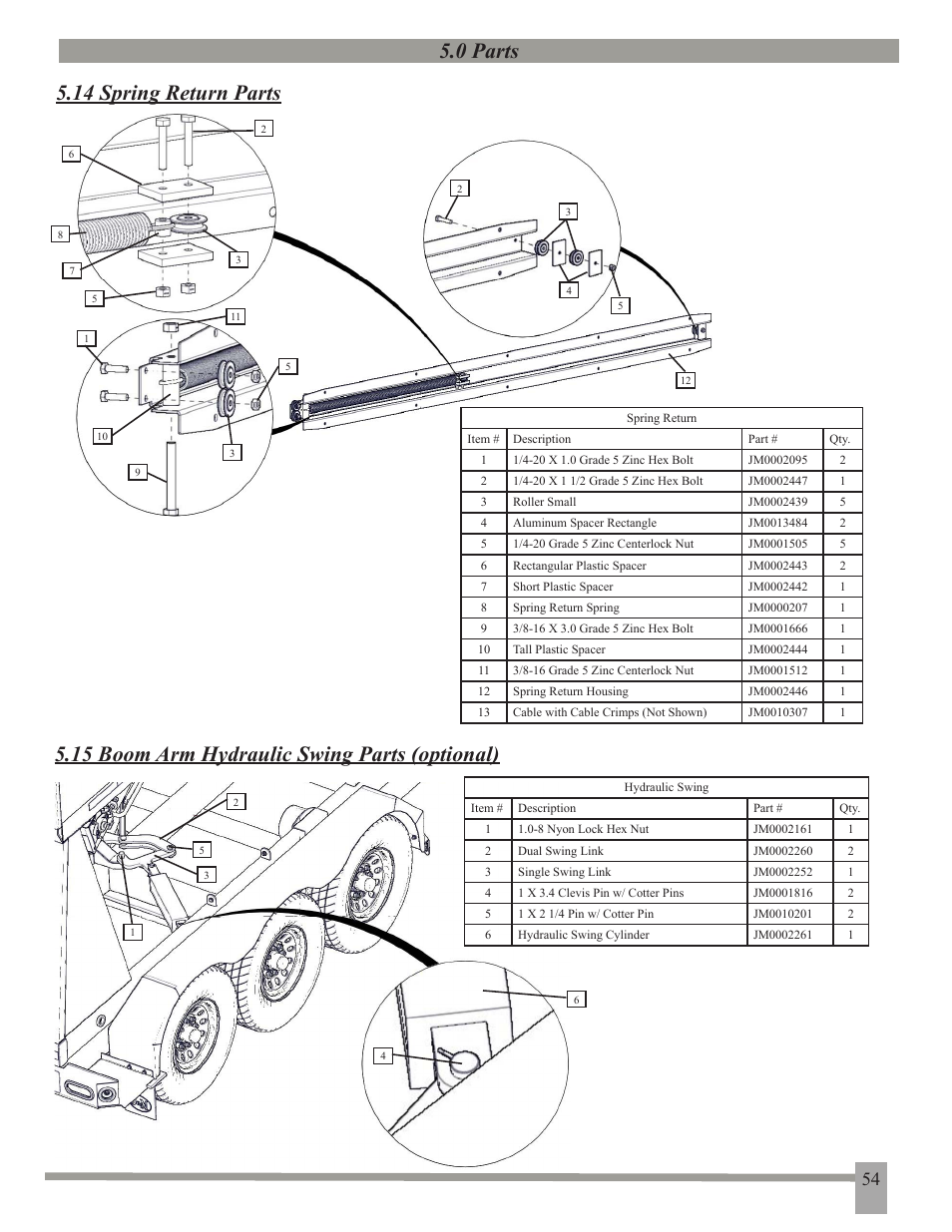 0 parts, 0 parts 5.14 spring return parts, 15 boom arm hydraulic swing parts (optional) | J&M 375ST User Manual | Page 57 / 62