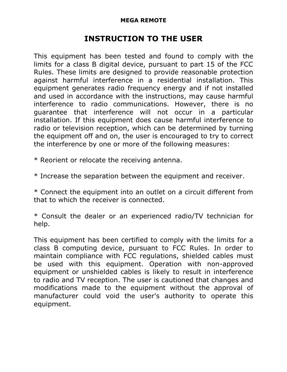 Instruction to the user | J&M 375ST Remote User Manual | Page 24 / 24