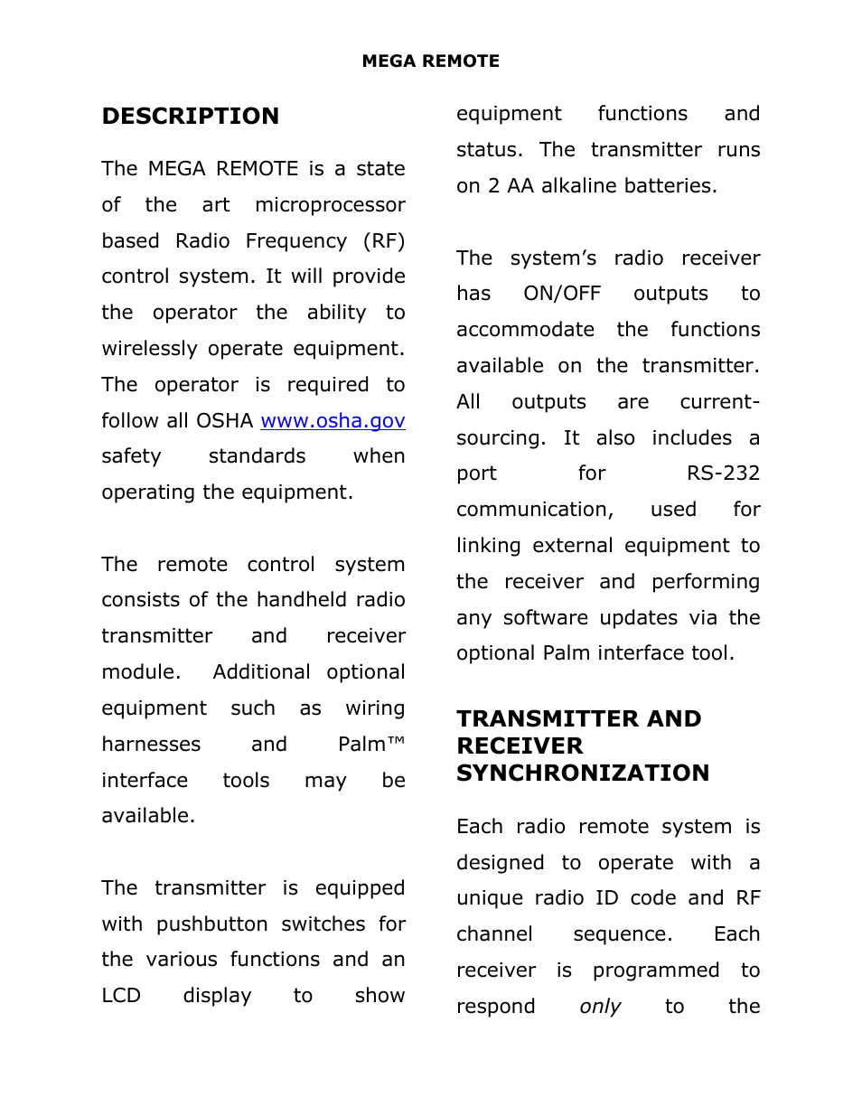 Description, Transmitter and receiver synchronization | J&M 375ST Remote User Manual | Page 3 / 24