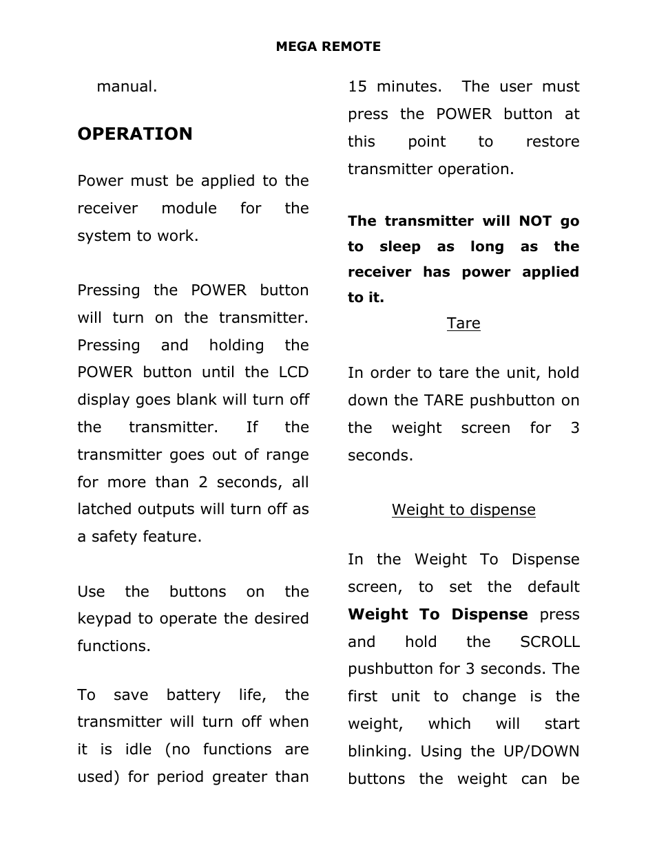 Operation, Tare, Weight to dispense | J&M 375ST Remote User Manual | Page 7 / 24
