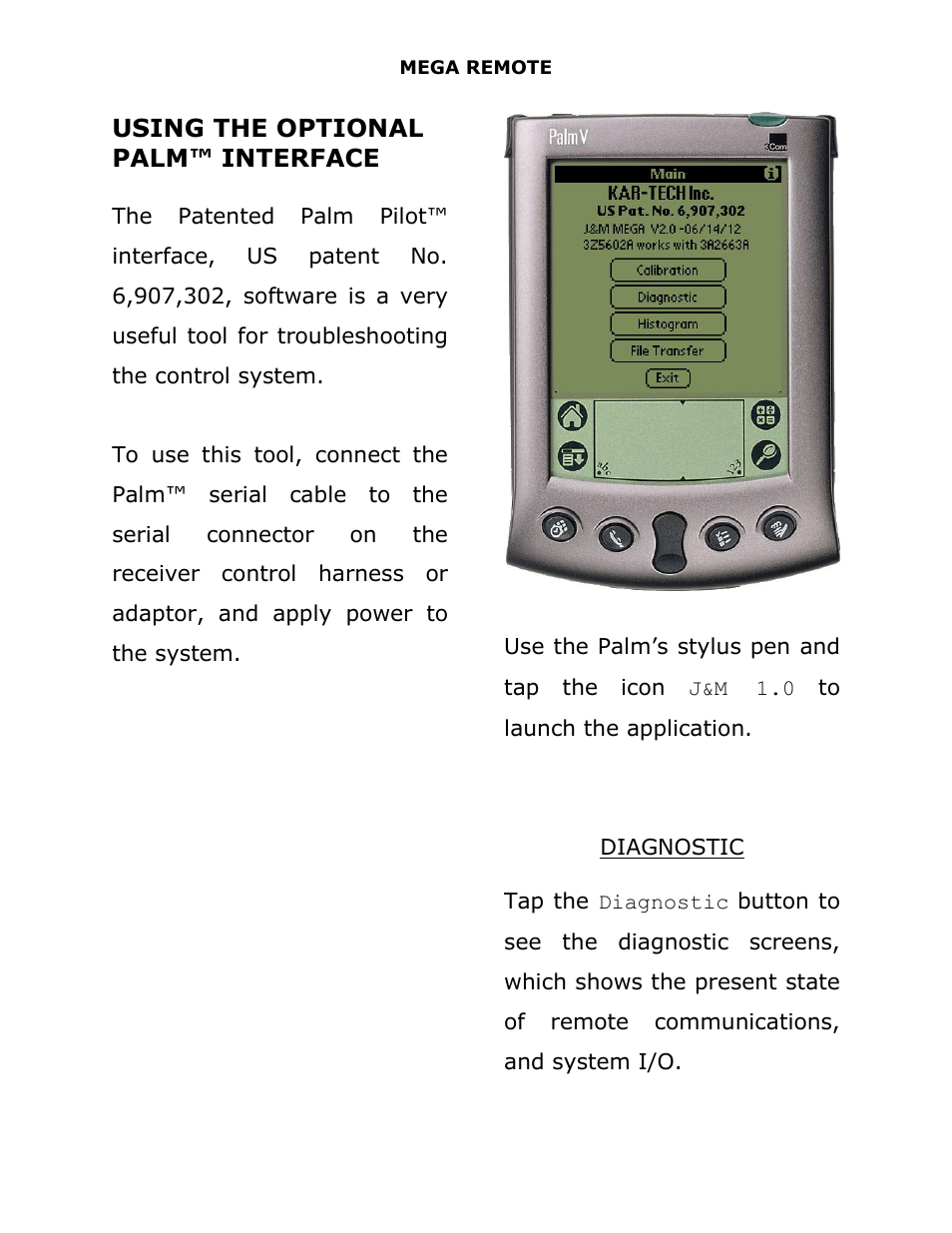 Using the optional palm™ interface, Diagnostic | J&M 375ST Remote User Manual | Page 9 / 24