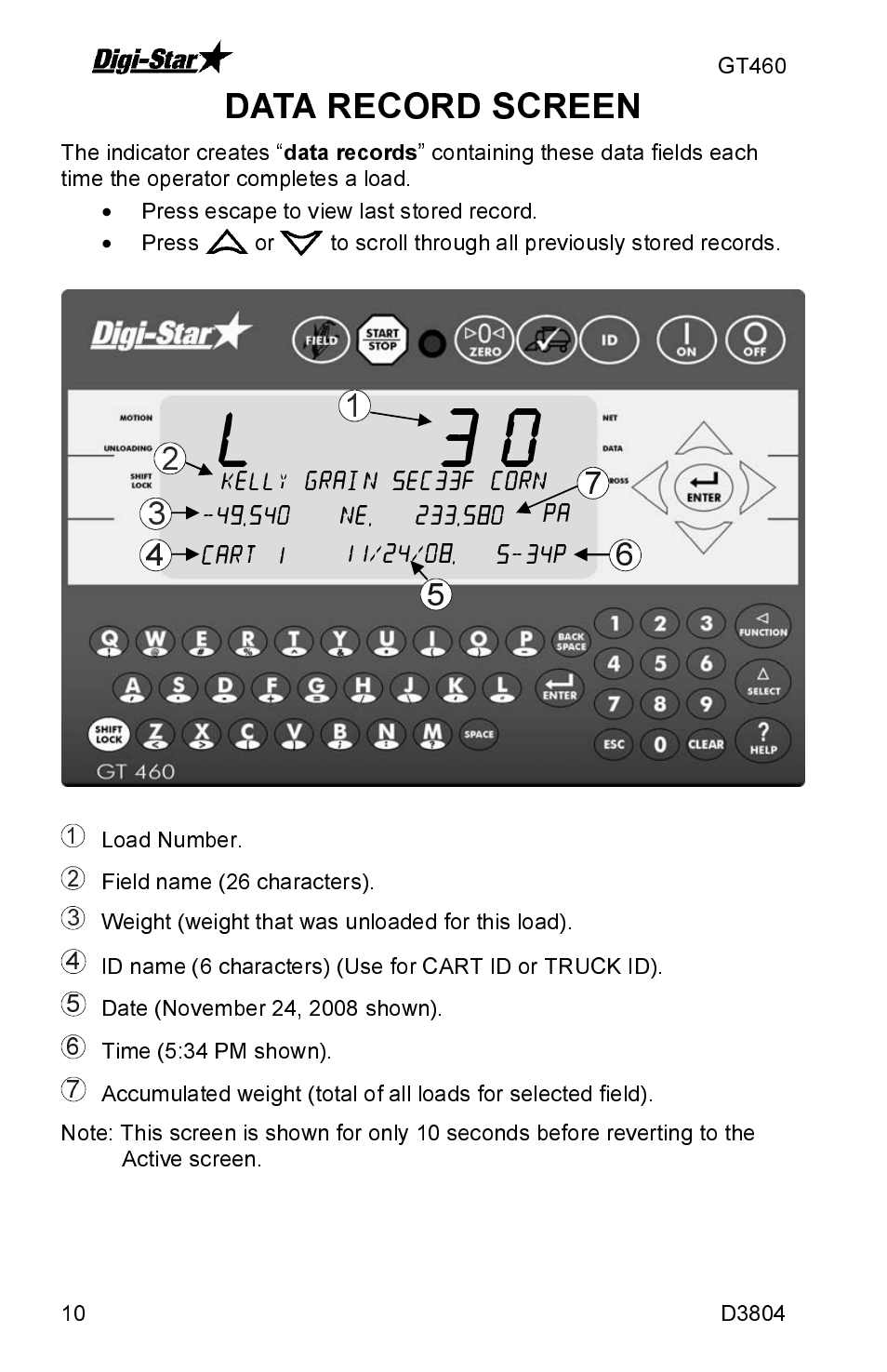 3 0 l, Data record screen | J&M GT460 User Manual | Page 10 / 31
