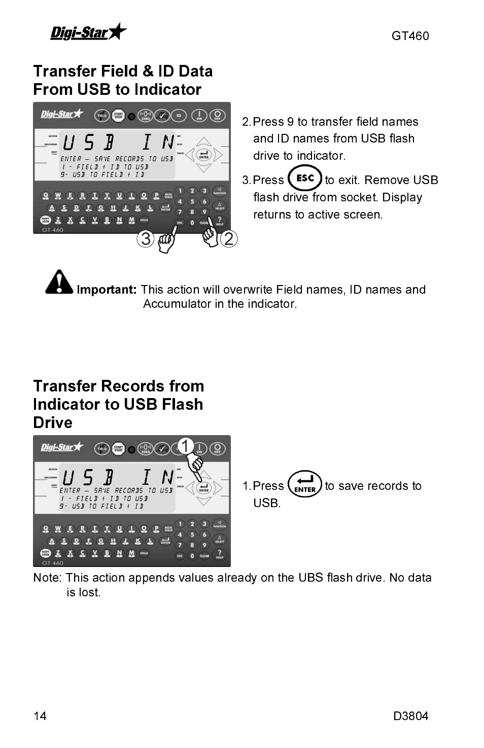 Transfer field & id data from usb to indicator, Transfer records from indicator to usb flash drive | J&M GT460 User Manual | Page 14 / 31