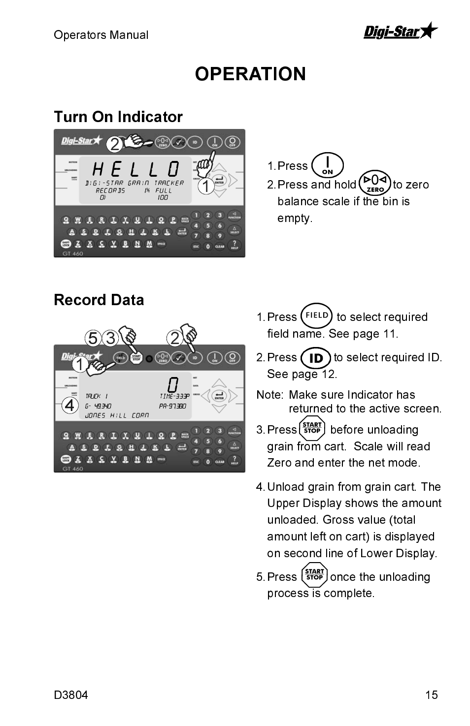 Turn on indicator, Record data, Operation | J&M GT460 User Manual | Page 15 / 31