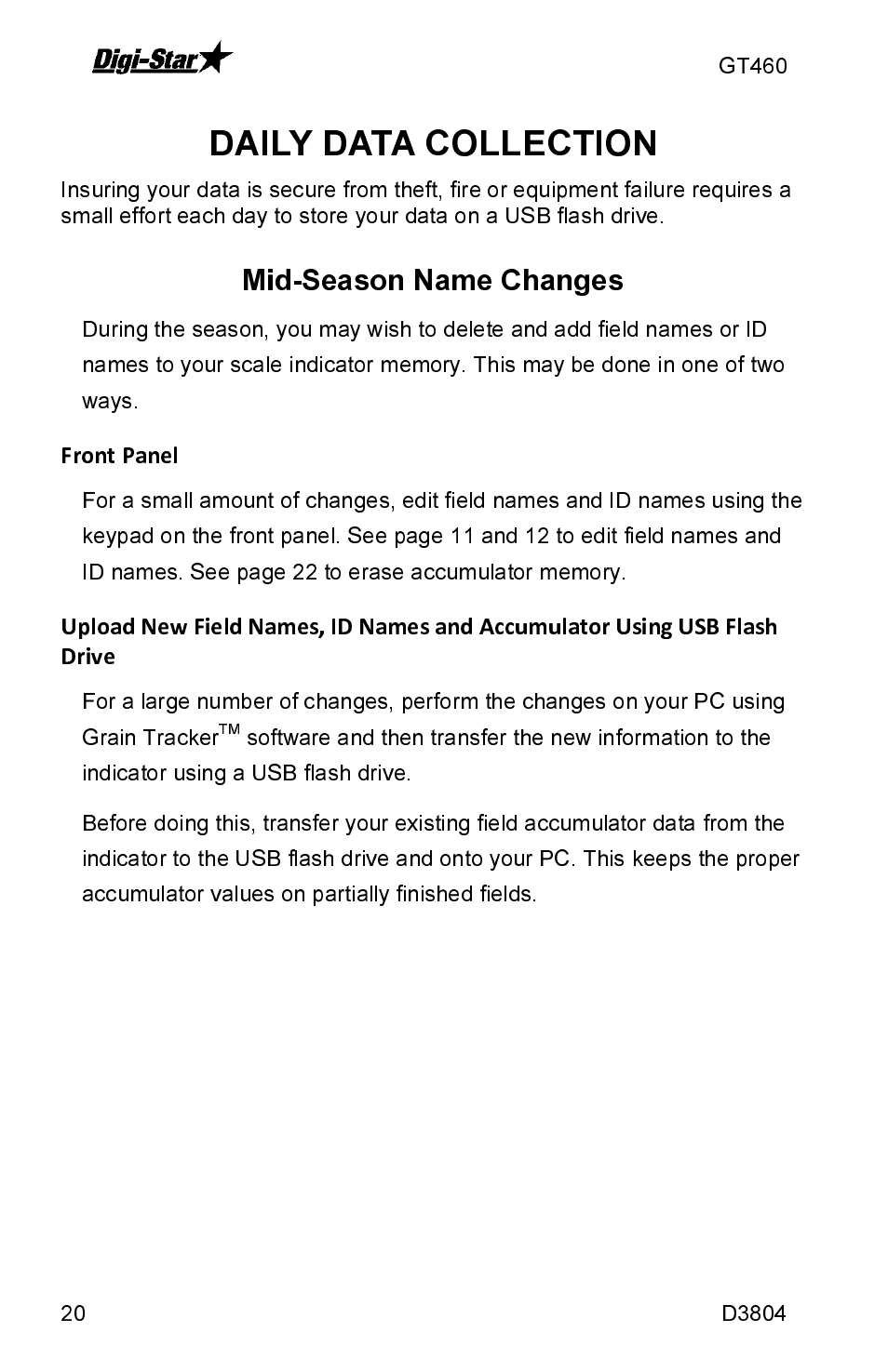 Mid-season name changes, Daily data collection | J&M GT460 User Manual | Page 20 / 31