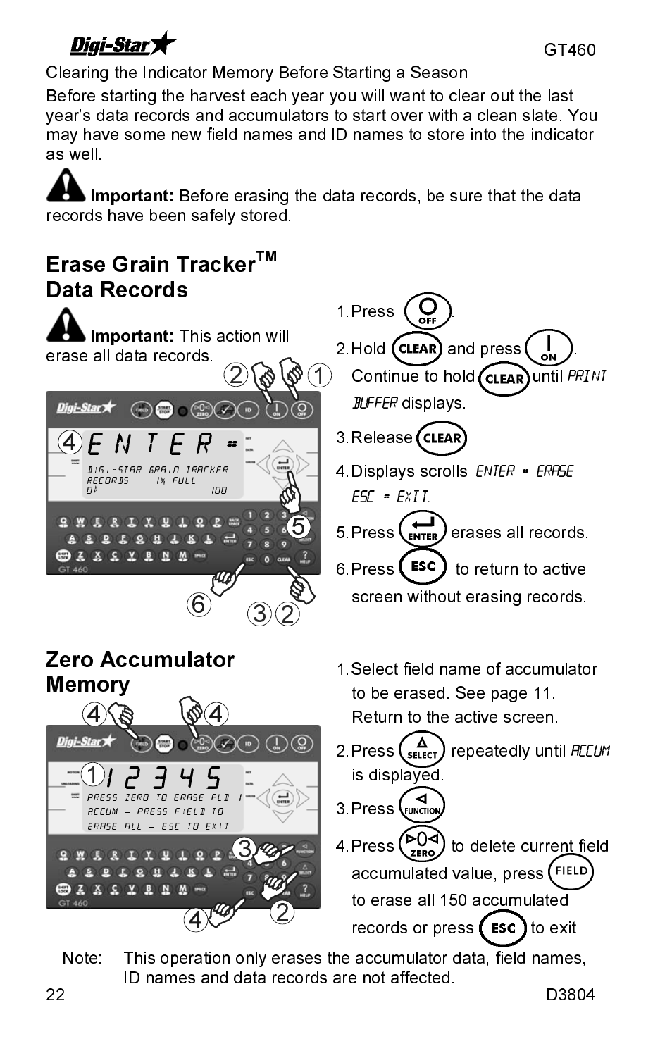 Erase grain tracker, Data records, Important | J&M GT460 User Manual | Page 22 / 31