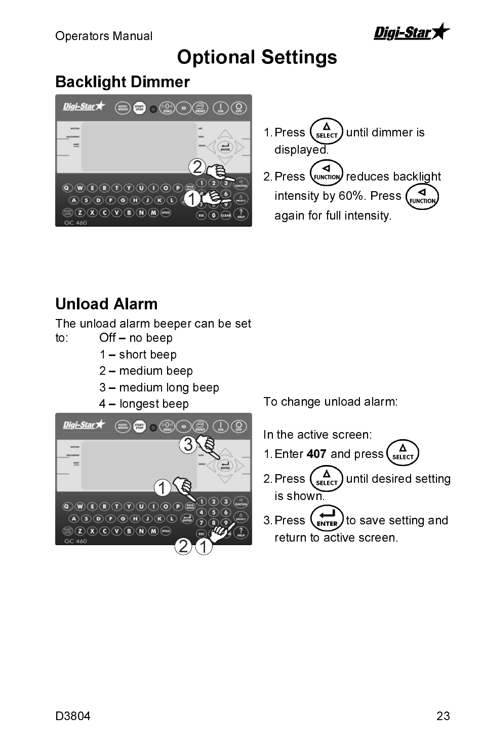 Backlight dimmer, Unload alarm, Optional settings | J&M GT460 User Manual | Page 23 / 31
