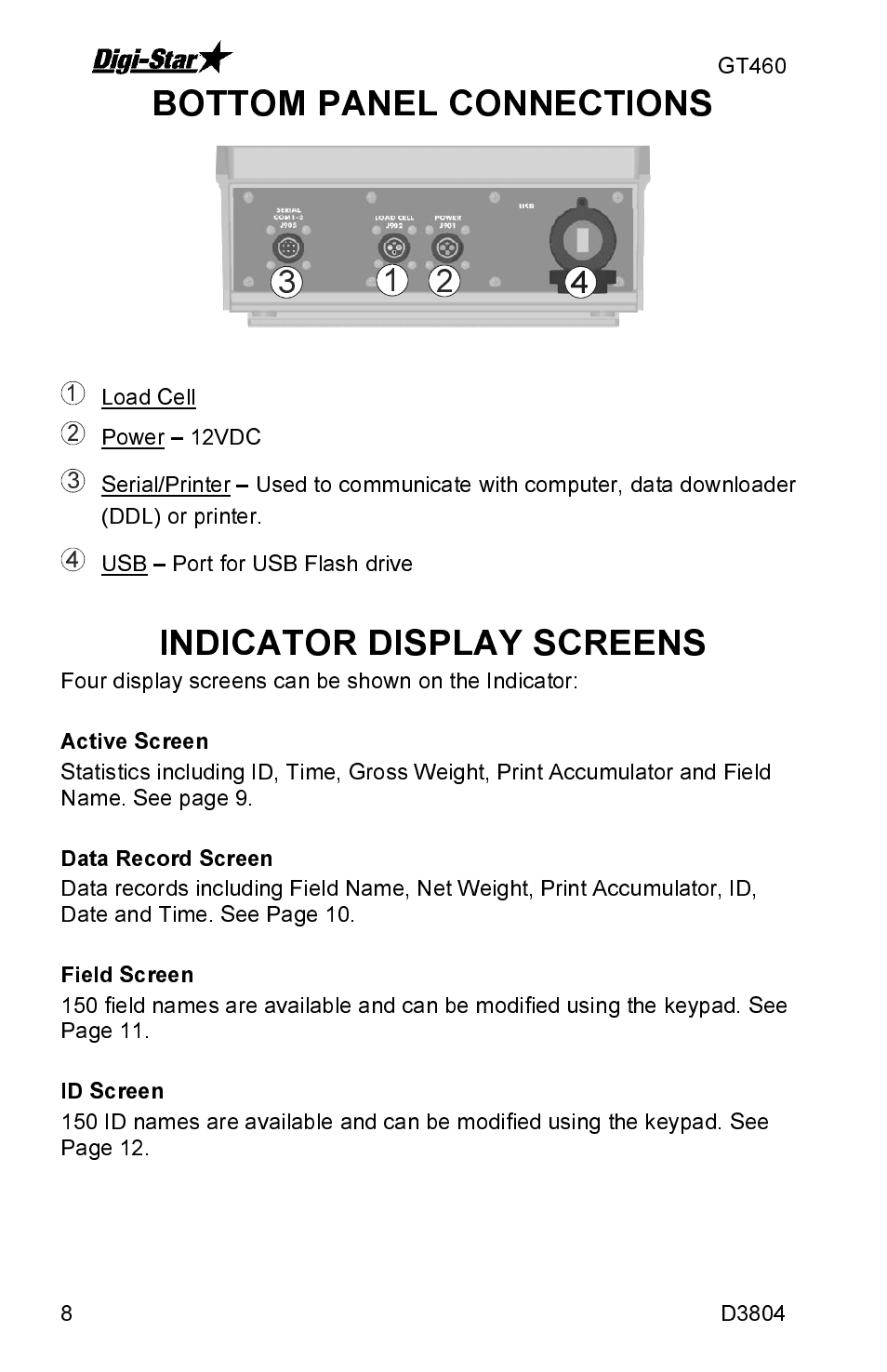 Bottom panel connections, Indicator display screens | J&M GT460 User Manual | Page 8 / 31