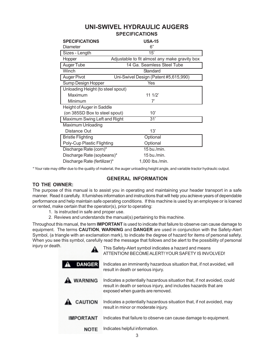 Uni-swivel hydraulic augers | J&M Uni-Swivel Hydraulic Auger User Manual | Page 3 / 13