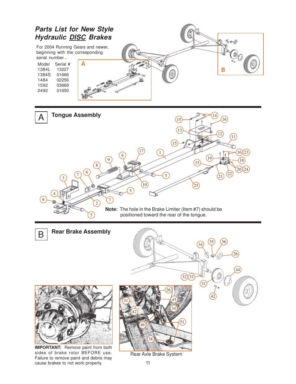 Parts list for new style hydraulic disc brakes | J&M 2494 Running Gear User Manual | Page 11 / 13