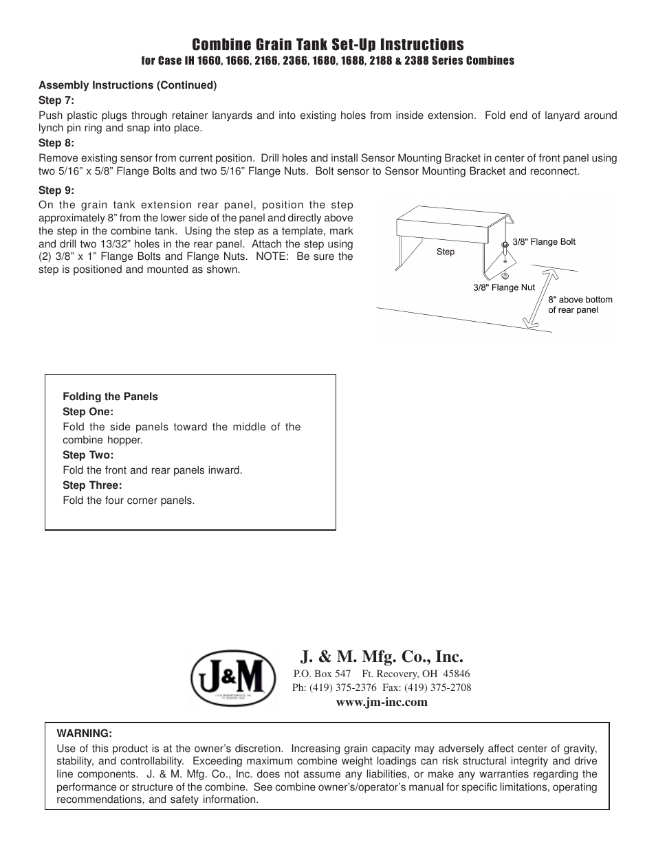 J. & m. mfg. co., inc, Combine grain tank set-up instructions | J&M Case IH 66 & 88 series User Manual | Page 2 / 2