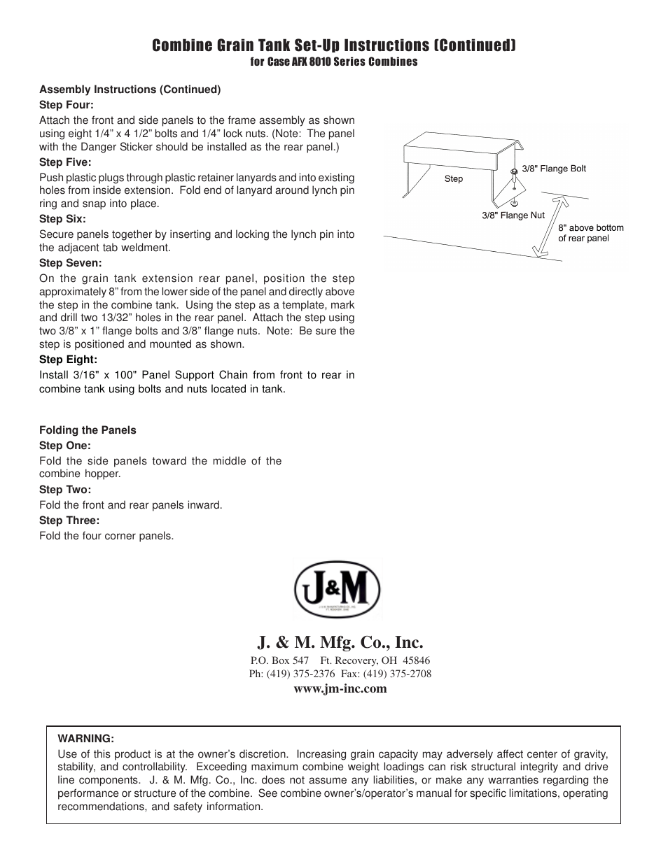 J. & m. mfg. co., inc, Combine grain tank set-up instructions (continued) | J&M Case IH-8010 User Manual | Page 2 / 2
