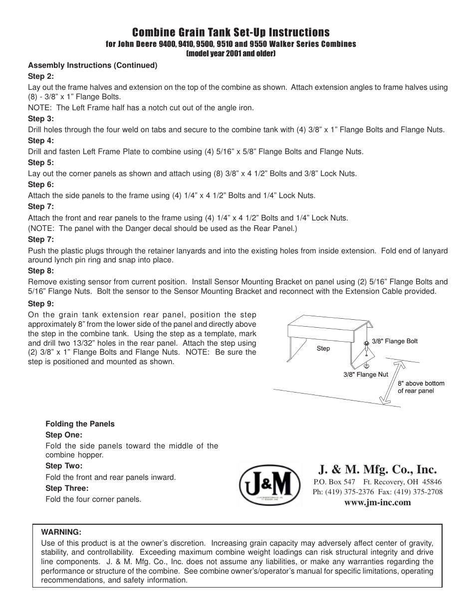 J. & m. mfg. co., inc, Combine grain tank set-up instructions | J&M JD-Walker 2001 and older User Manual | Page 2 / 2