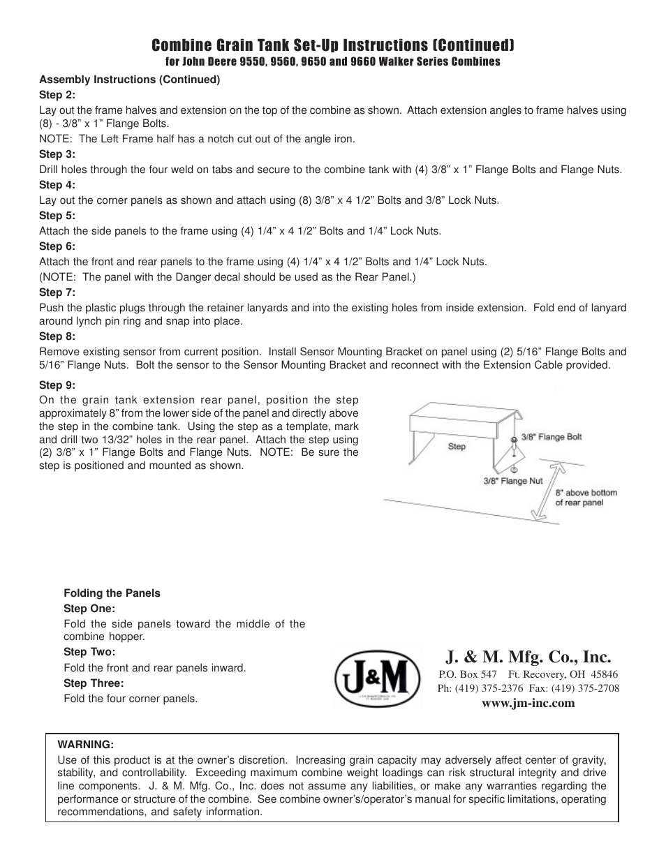 J. & m. mfg. co., inc, Combine grain tank set-up instructions (continued) | J&M JD-Walker 2002 and newer User Manual | Page 2 / 2