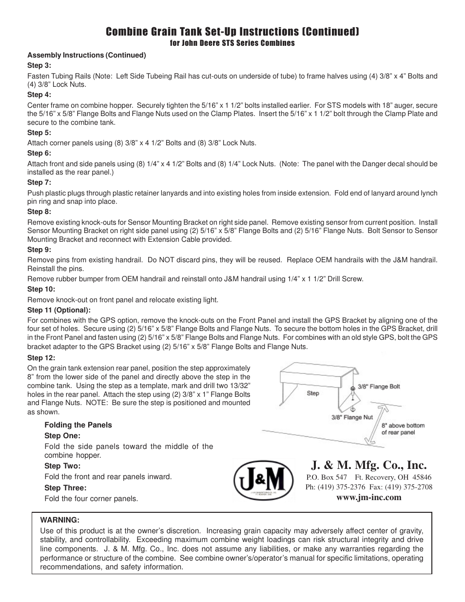 J. & m. mfg. co., inc, Combine grain tank set-up instructions (continued) | J&M JD-STS series User Manual | Page 2 / 3