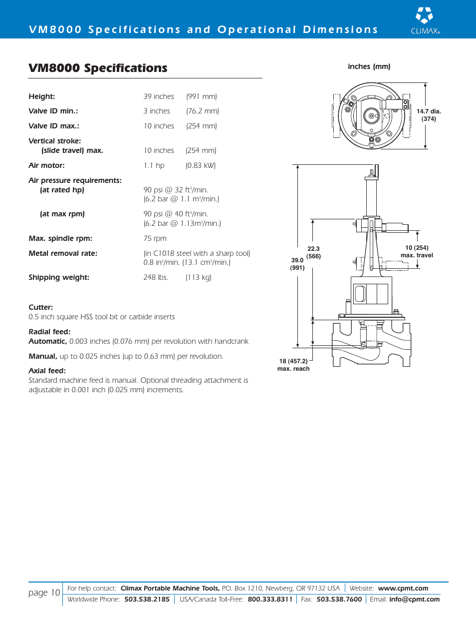 Vm8000 specifications, Page 10 | Climax VM8000 GLOBE/CONTROL VALVE REPAIR User Manual | Page 10 / 12