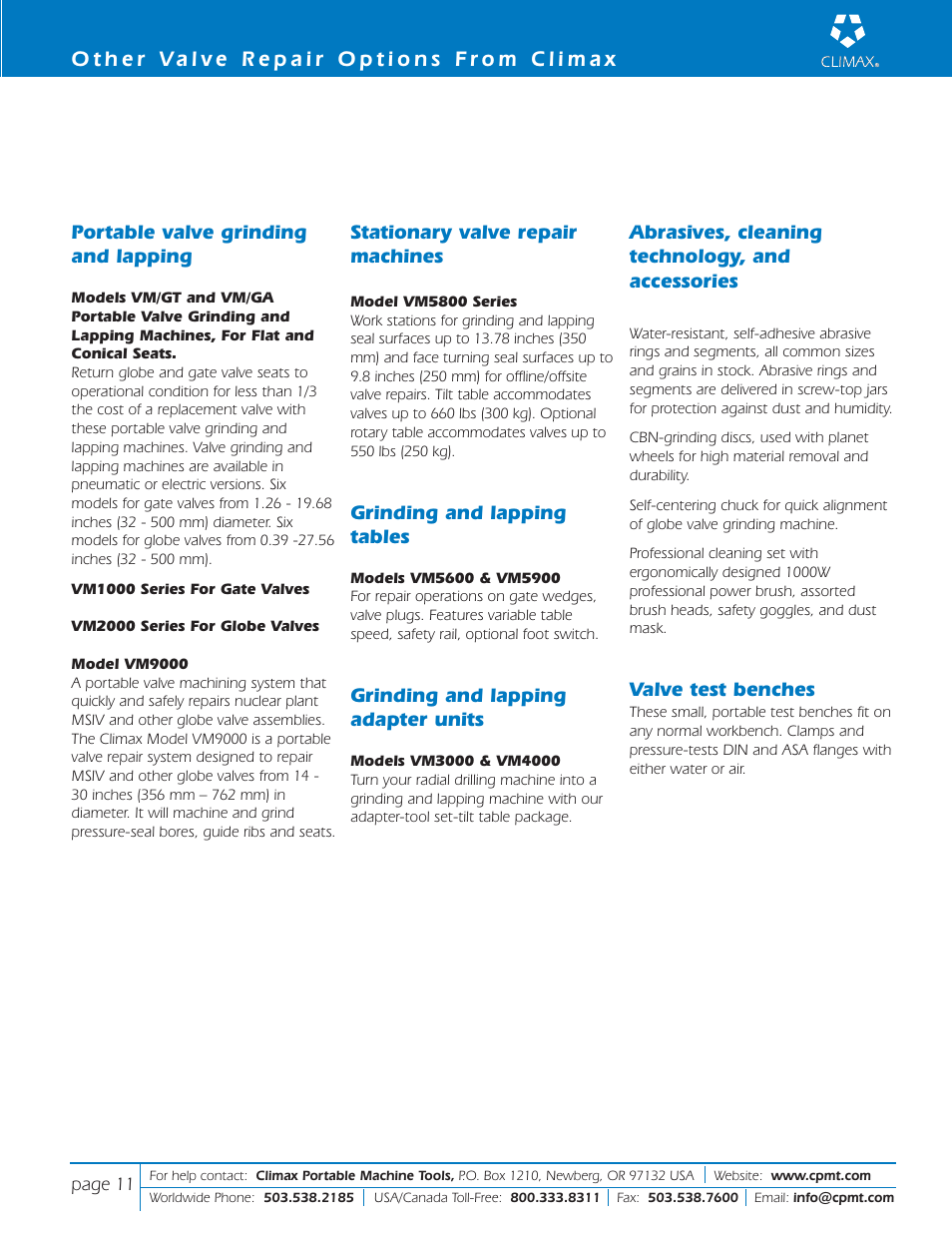 Portable valve grinding and lapping, Stationary valve repair machines, Grinding and lapping tables | Grinding and lapping adapter units, Abrasives, cleaning technology, and accessories, Valve test benches | Climax VM8000 GLOBE/CONTROL VALVE REPAIR User Manual | Page 11 / 12