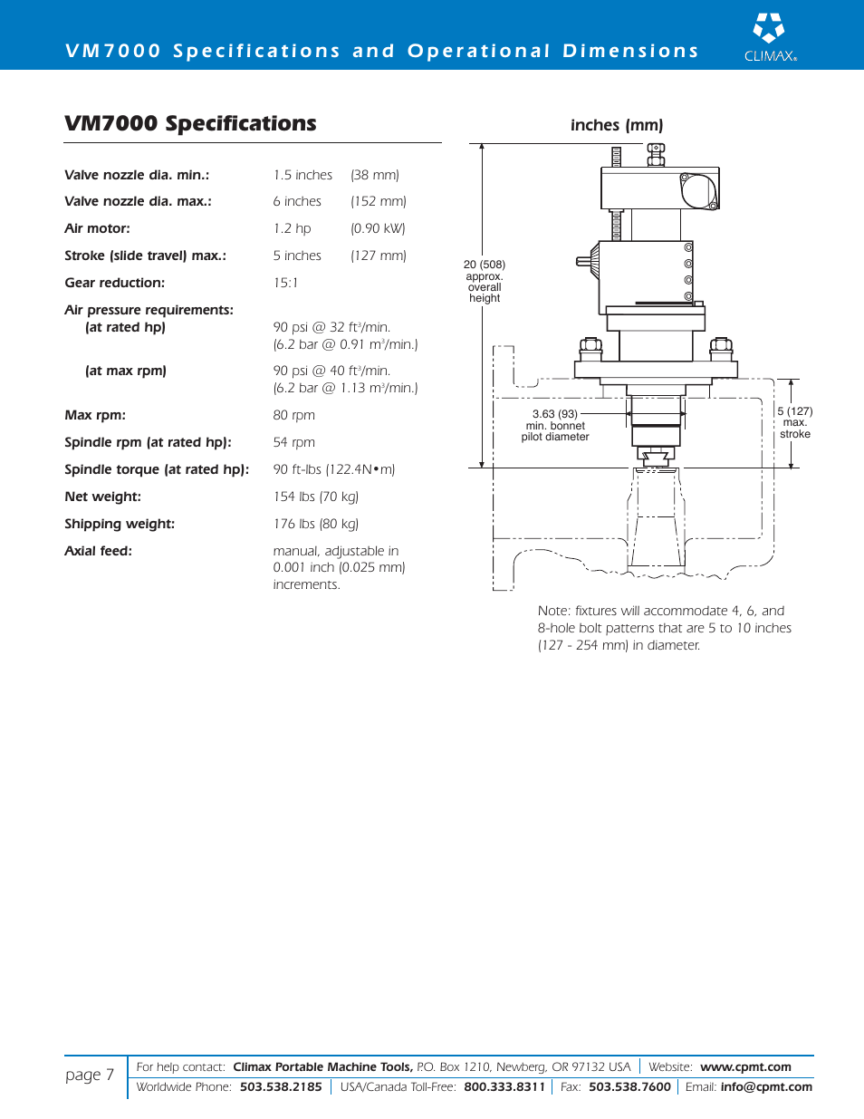 Vm7000 specifications, Page 7, Inches (mm) | Climax VM8000 GLOBE/CONTROL VALVE REPAIR User Manual | Page 7 / 12