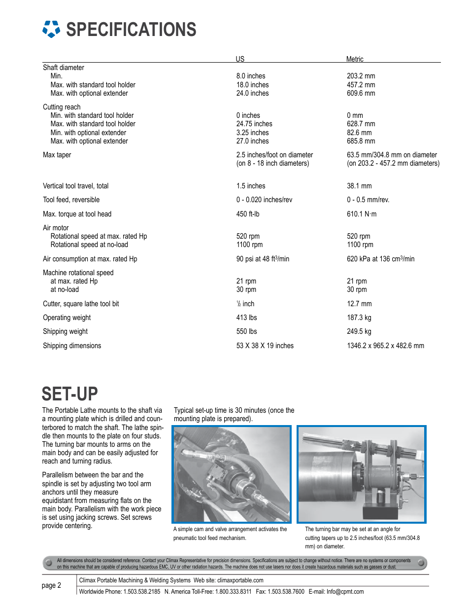 Specifications, Set-up | Climax PL4000 LATHE User Manual | Page 2 / 4