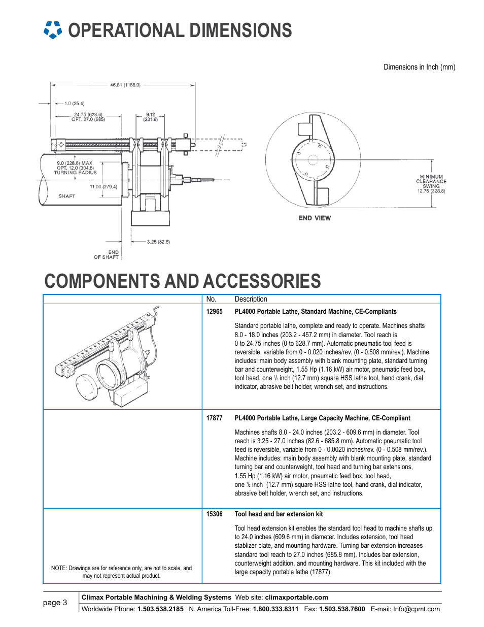 Operational dimensions components and accessories | Climax PL4000 LATHE User Manual | Page 3 / 4