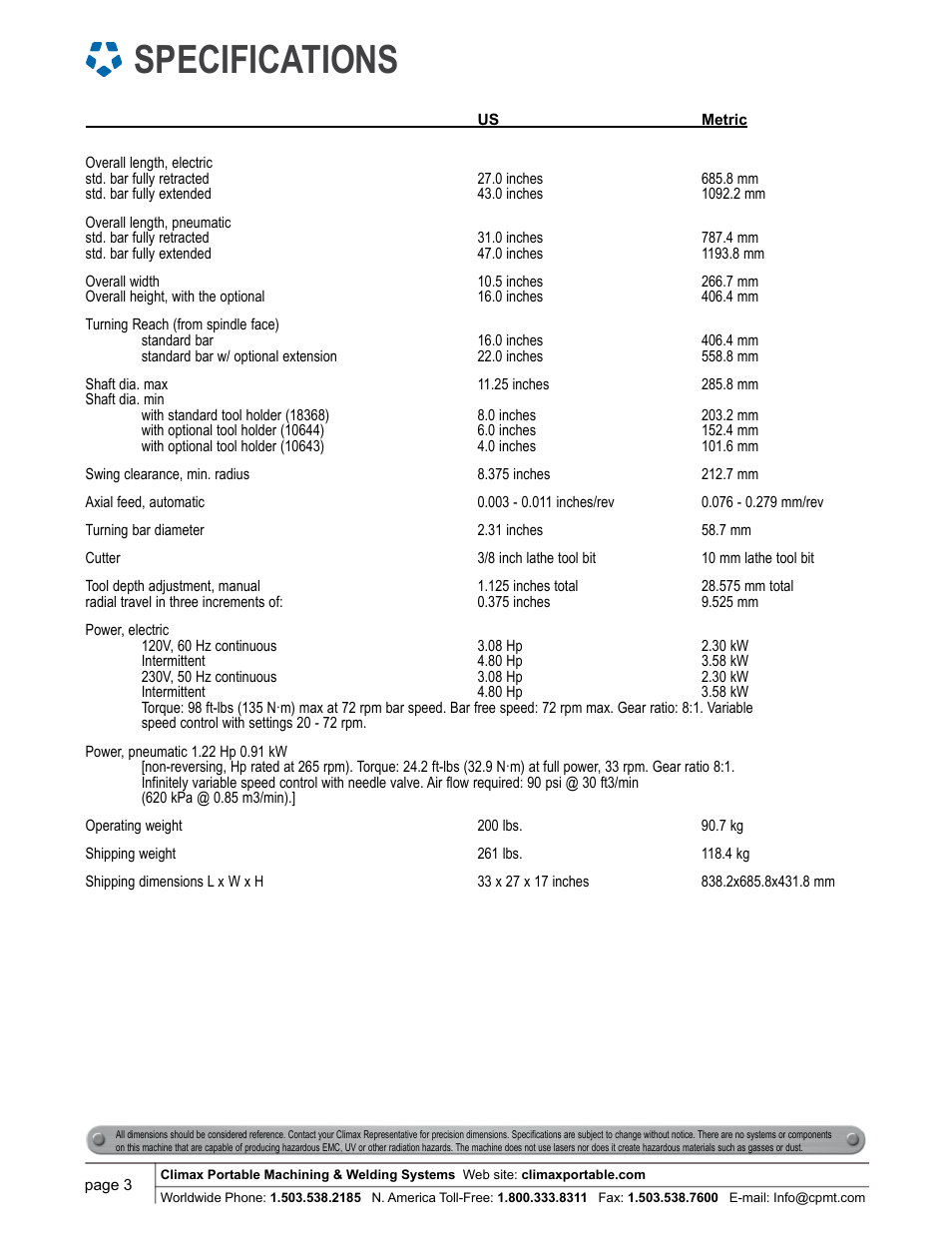 Specifications | Climax PL3000 LATHE User Manual | Page 3 / 6