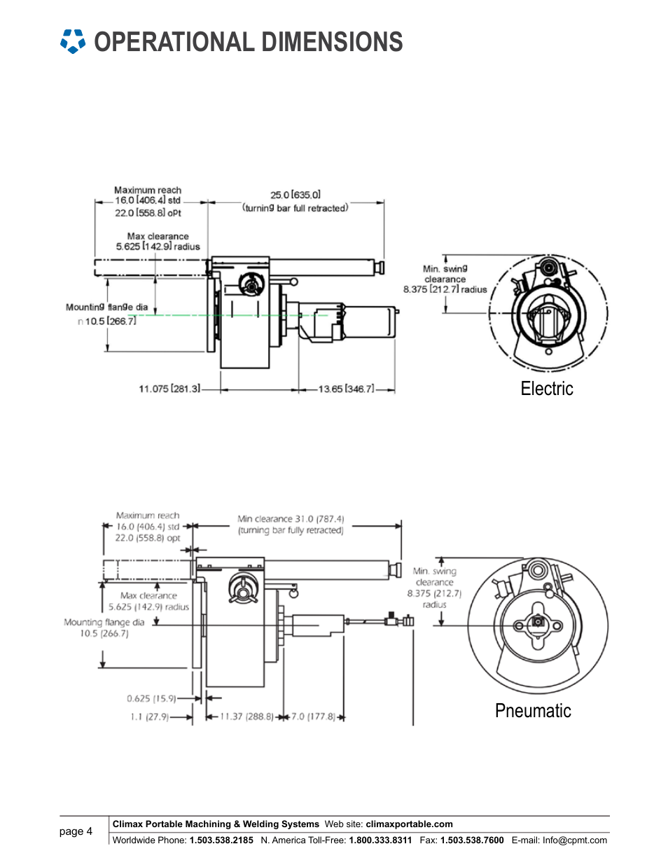 Operational dimensions, Electric pneumatic | Climax PL3000 LATHE User Manual | Page 4 / 6