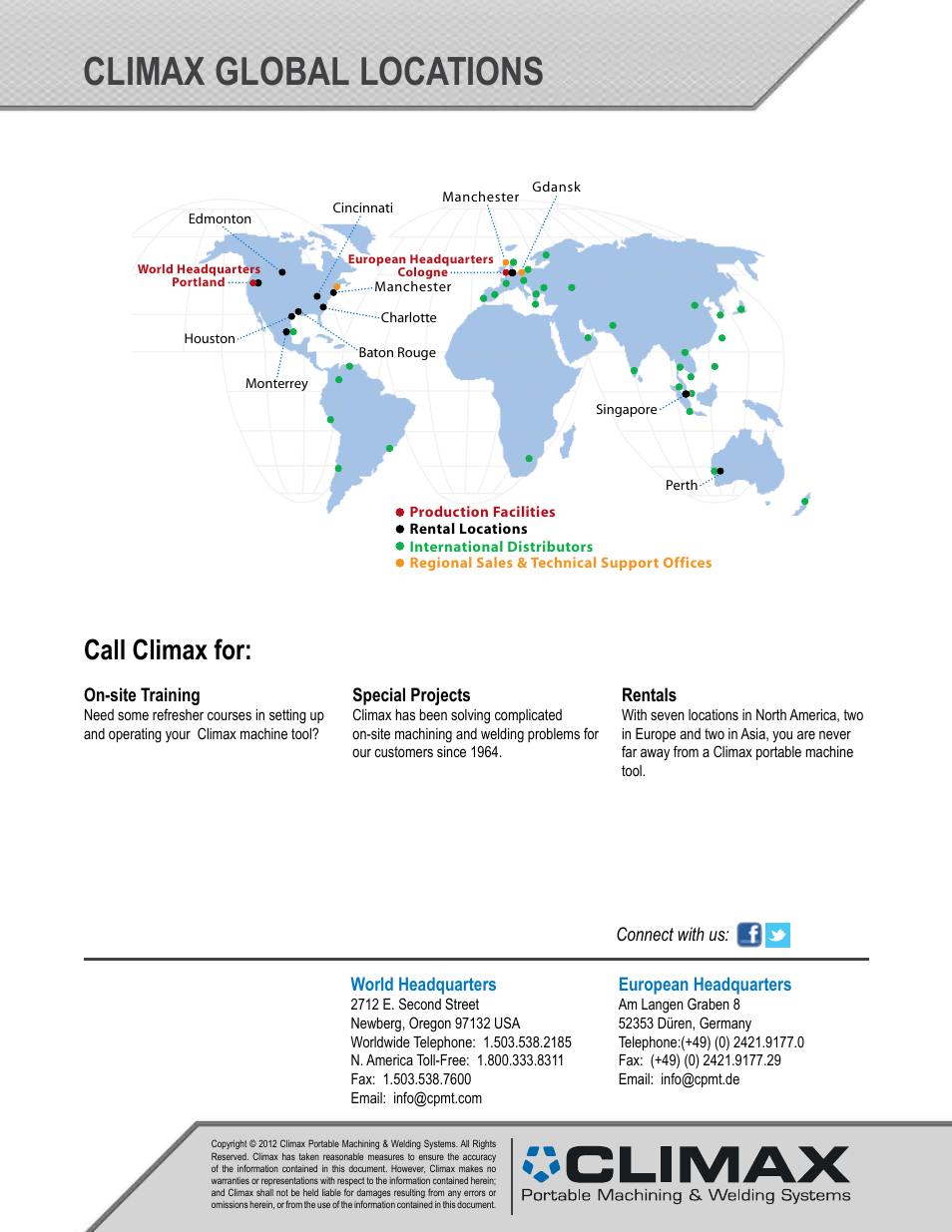 Climax global locations, Call climax for | Climax PL3000 LATHE User Manual | Page 6 / 6