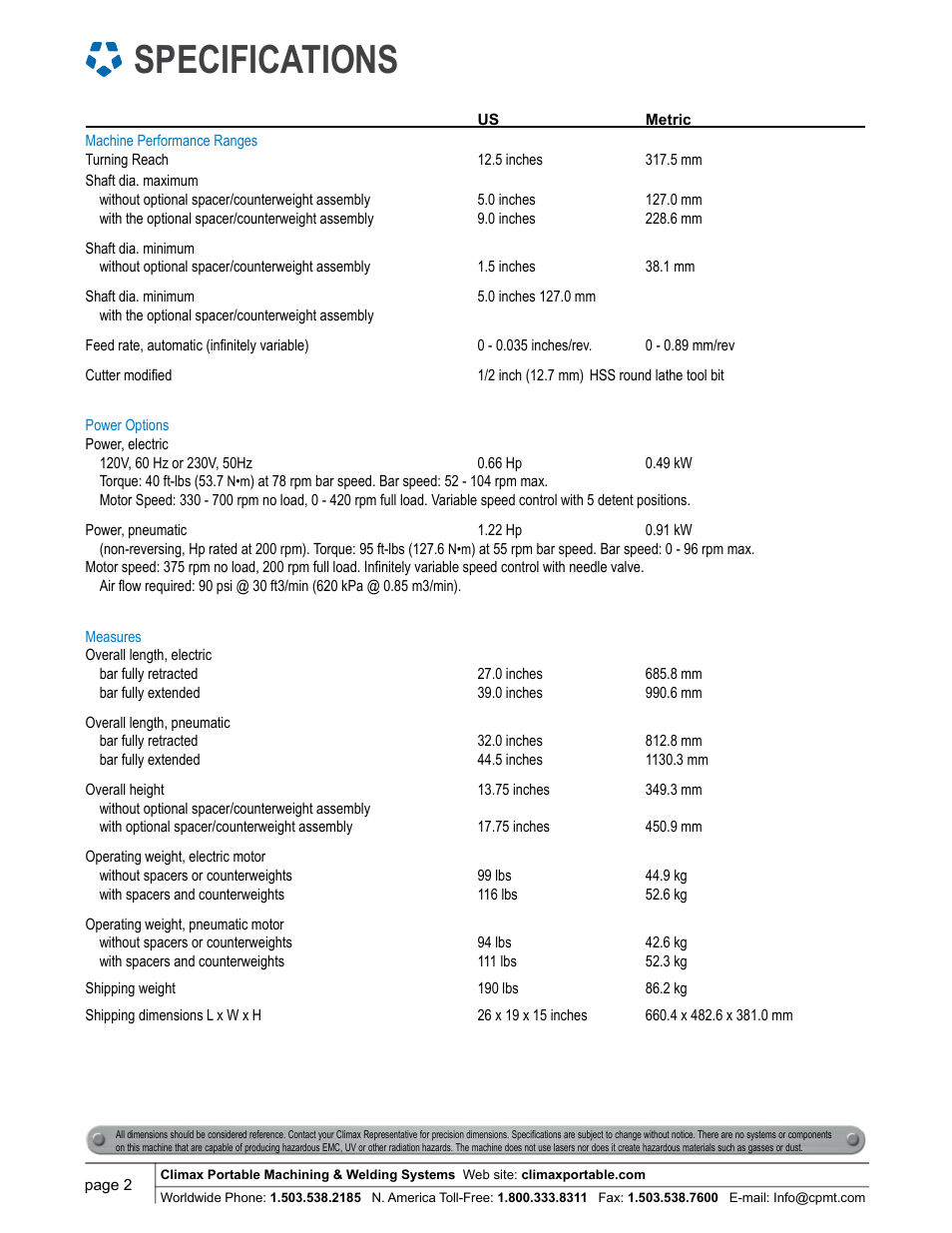 Specifications | Climax PL2000 LATHE User Manual | Page 2 / 6