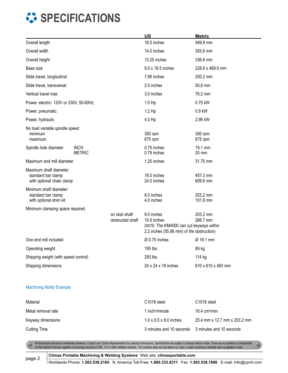 Specifications | Climax KM4000 KEY MILL User Manual | Page 2 / 8