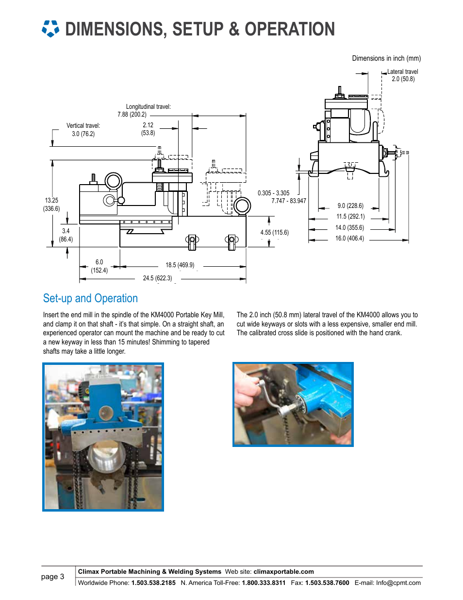 Dimensions, setup & operation, Set-up and operation | Climax KM4000 KEY MILL User Manual | Page 3 / 8