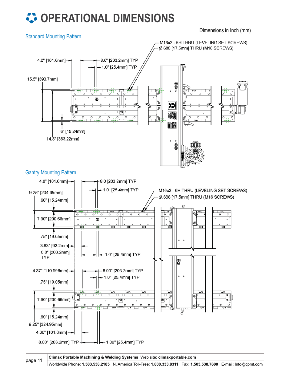 Operational dimensions, Standard mounting pattern gantry mounting pattern | Climax LM6200 LINEAR/GANTRY MILL User Manual | Page 11 / 13