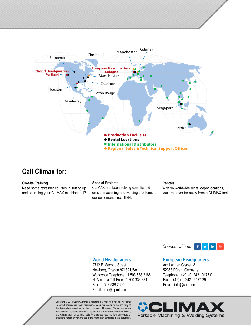 Climax global locations, Call climax for | Climax LM6200 LINEAR/GANTRY MILL User Manual | Page 13 / 13