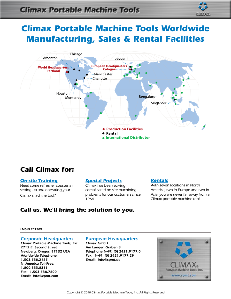 Climax portable machine tools, Call climax for, Call us. we’ll bring the solution to you | Climax LM6000 OBS LINEAR/GANTRY MILL User Manual | Page 10 / 10