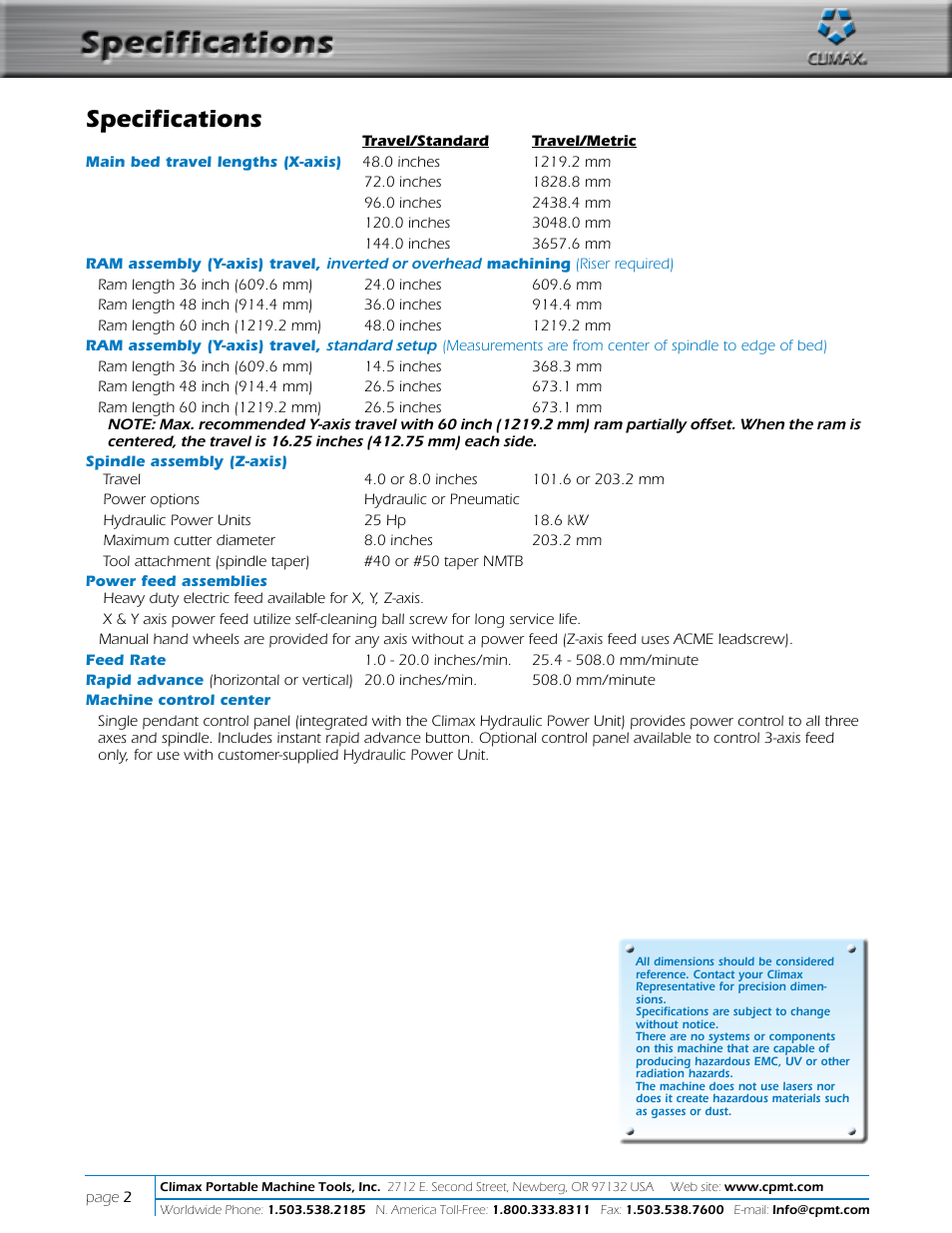 Specifications | Climax LM6000 OBS LINEAR/GANTRY MILL User Manual | Page 2 / 10