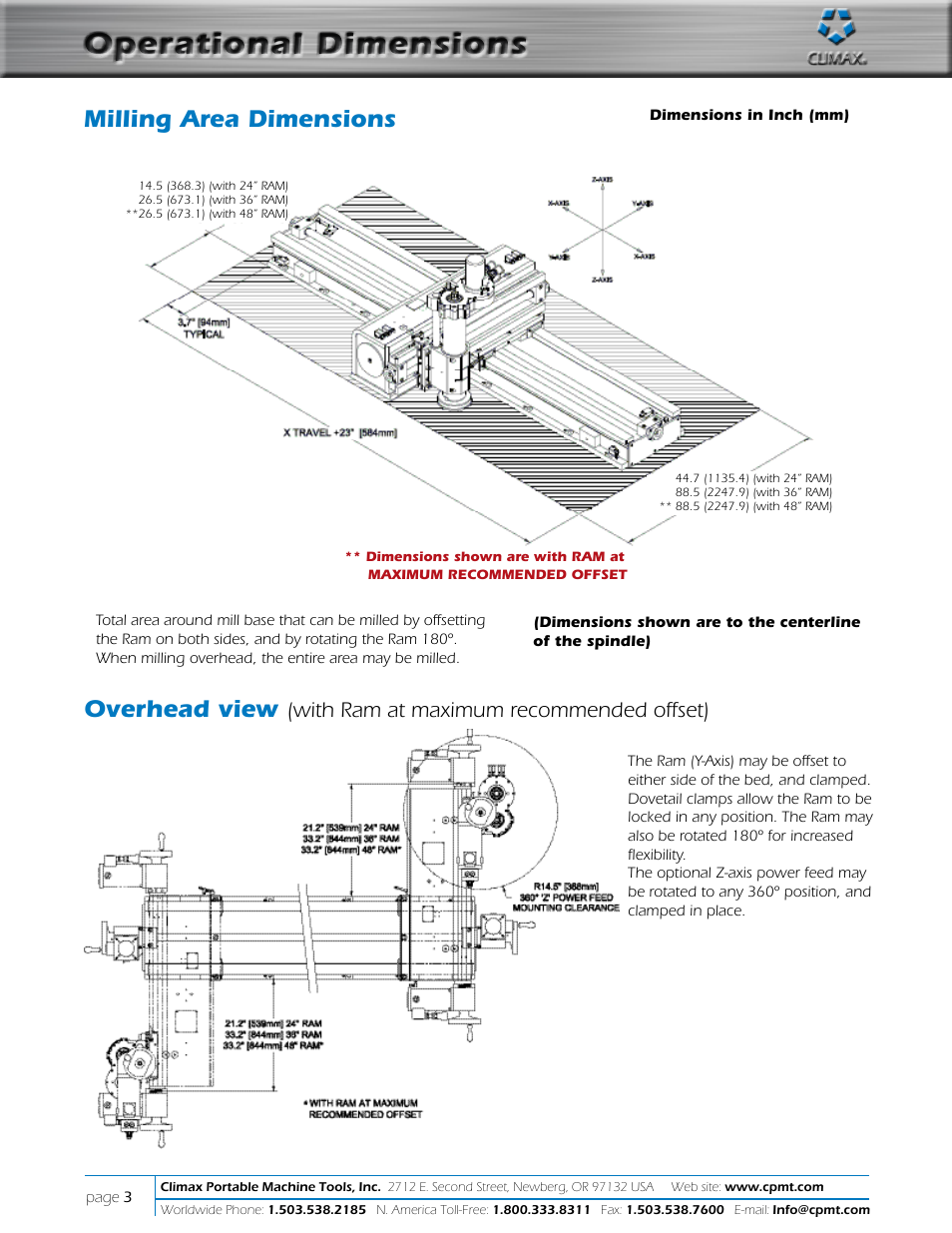 Operational dimensions, Milling area dimensions, Overhead view | With ram at maximum recommended offset) | Climax LM6000 OBS LINEAR/GANTRY MILL User Manual | Page 3 / 10